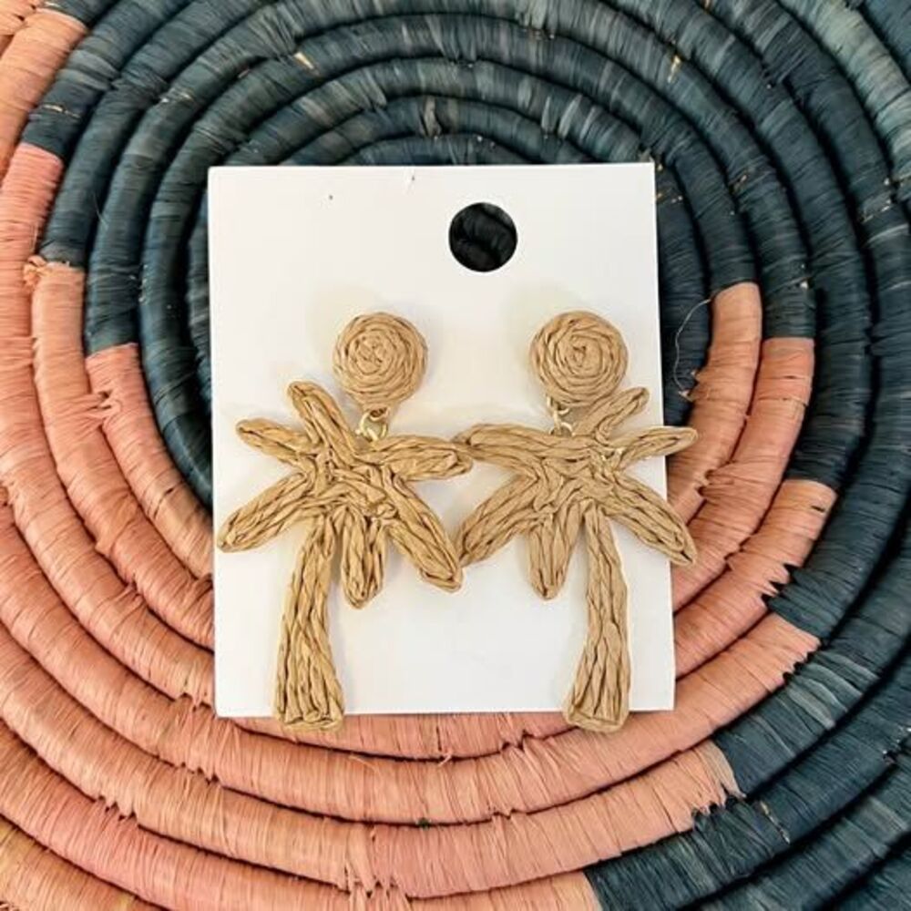 NEW Palm Tree Raffia Earrings 2.5” Long - Picture 3 of 5